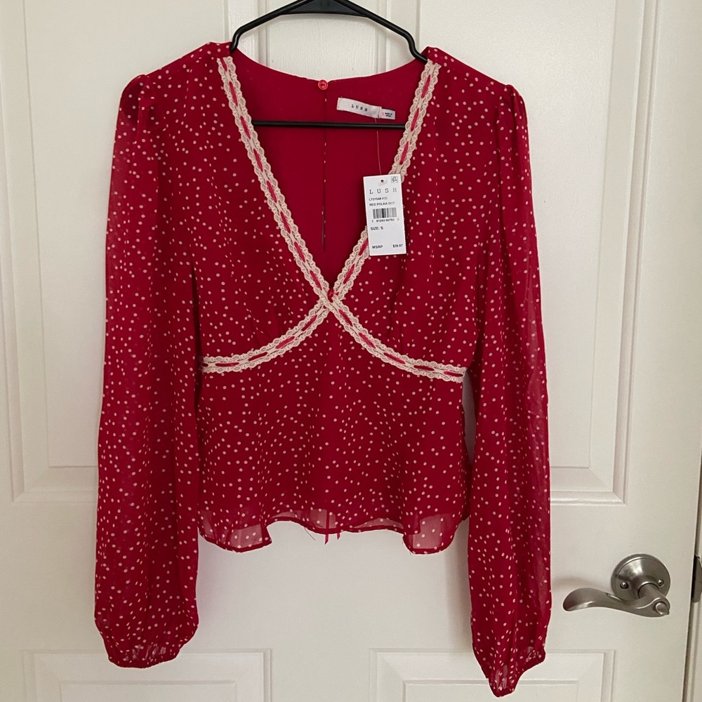 NEW Lush Red and White Polka Dot V-Neck Blouse